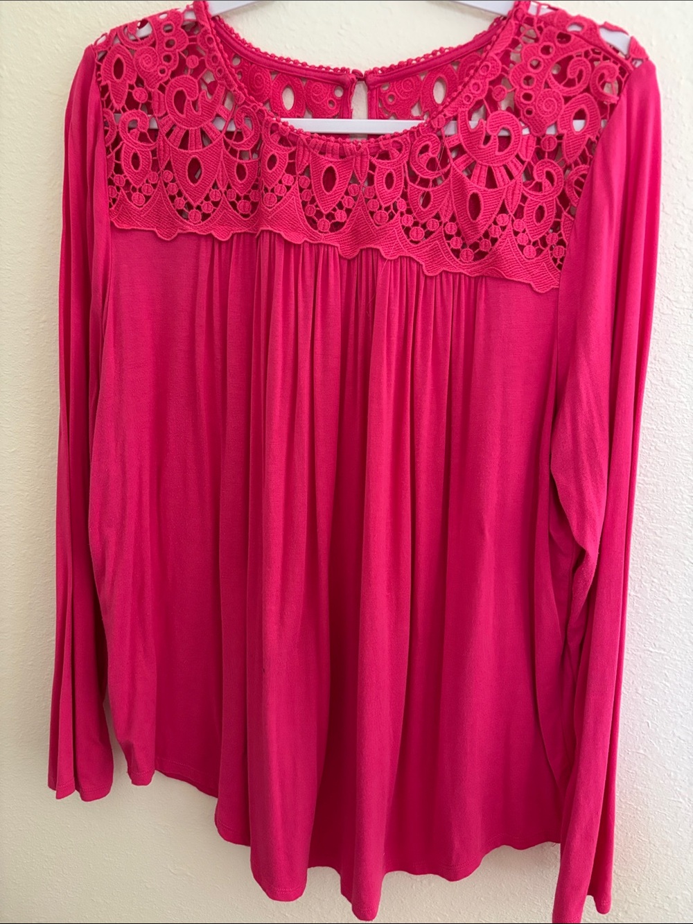 Philosophy Lace Yoke Long Sleeve Blouse - Hot Pink